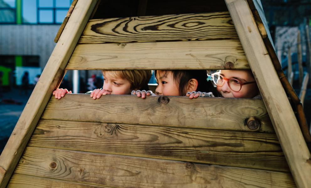 Drie kindjes kijken door een houten speeltuig