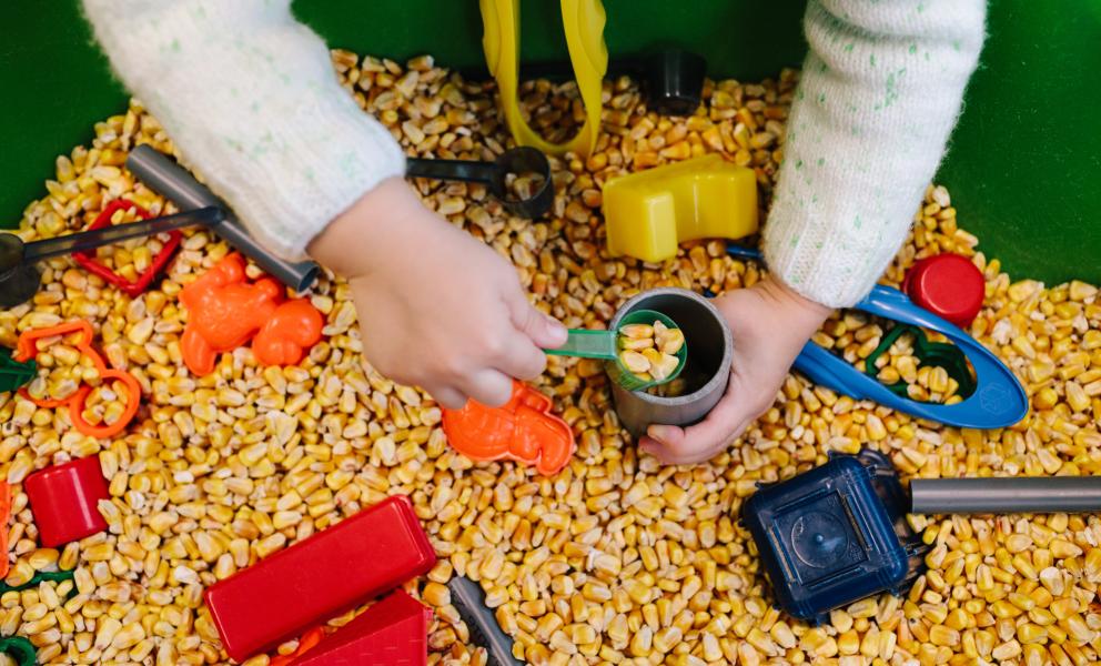 Handjes van kind dat in bak met mais speelt met potjes en schepjes